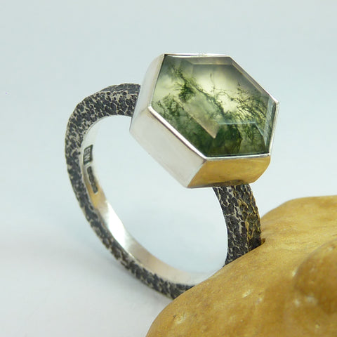 Moss agate hexagon ring